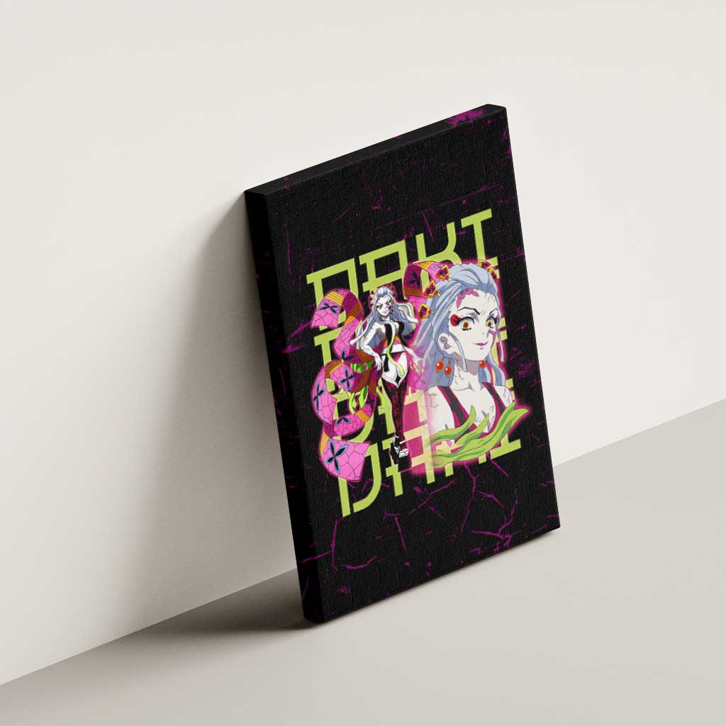 Daki Demon Slayer Theme Canvas Wall Art with Obi Sash Design and Neon Pink Green Graphic Elements - The Mazicc