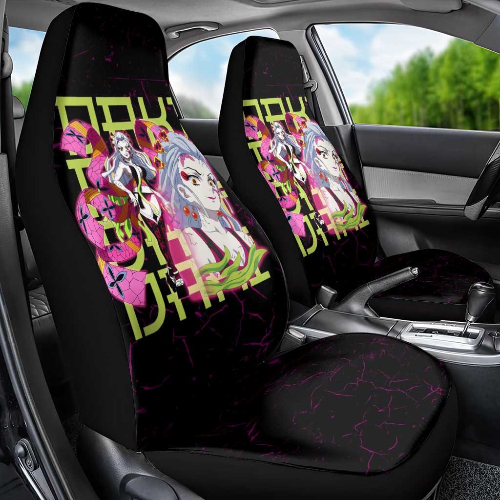 Daki Demon Slayer Theme Car Seat Cover with Obi Sash Design and Neon Pink Green Graphic Elements - The Mazicc
