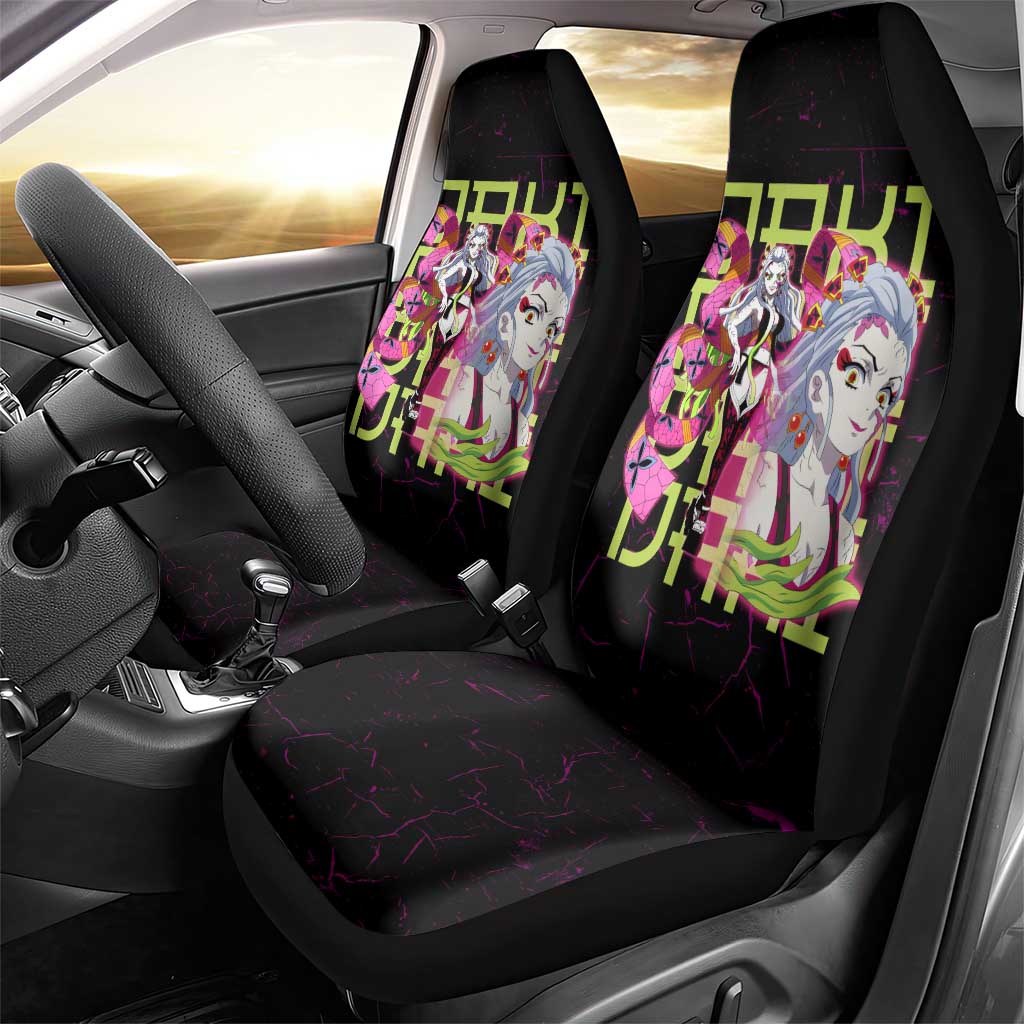 Daki Demon Slayer Theme Car Seat Cover with Obi Sash Design and Neon Pink Green Graphic Elements - The Mazicc