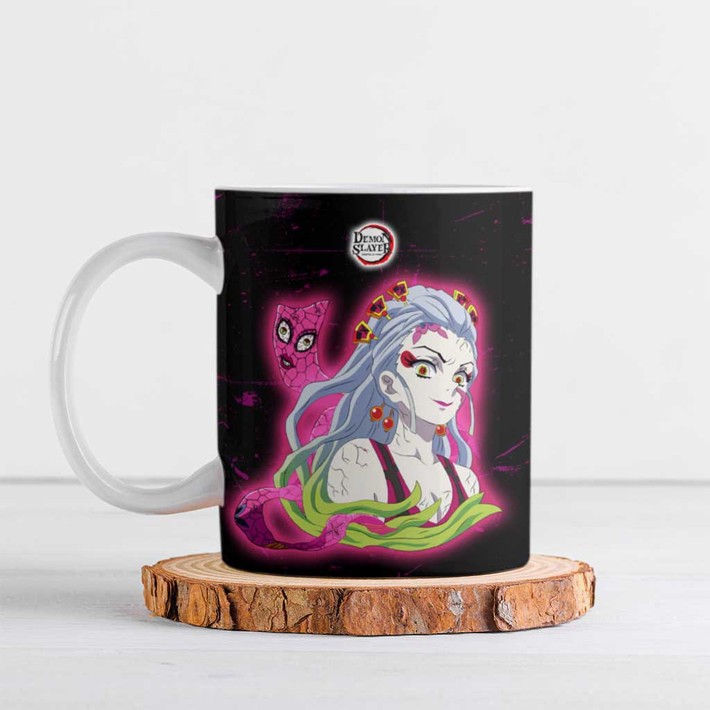 Daki Demon Slayer Theme Ceramic Mug with Obi Sash Design and Neon Pink Green Graphic Elements - The Mazicc