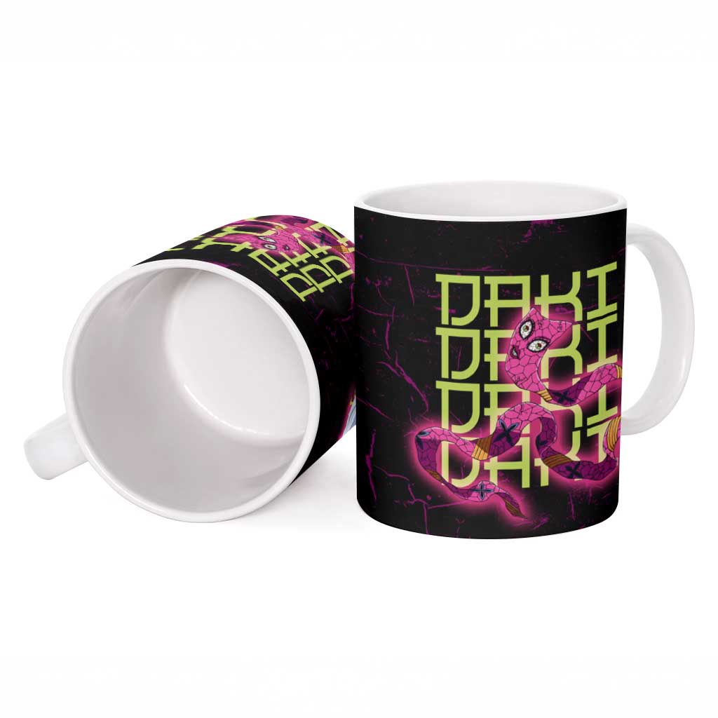 Daki Demon Slayer Theme Ceramic Mug with Obi Sash Design and Neon Pink Green Graphic Elements - The Mazicc