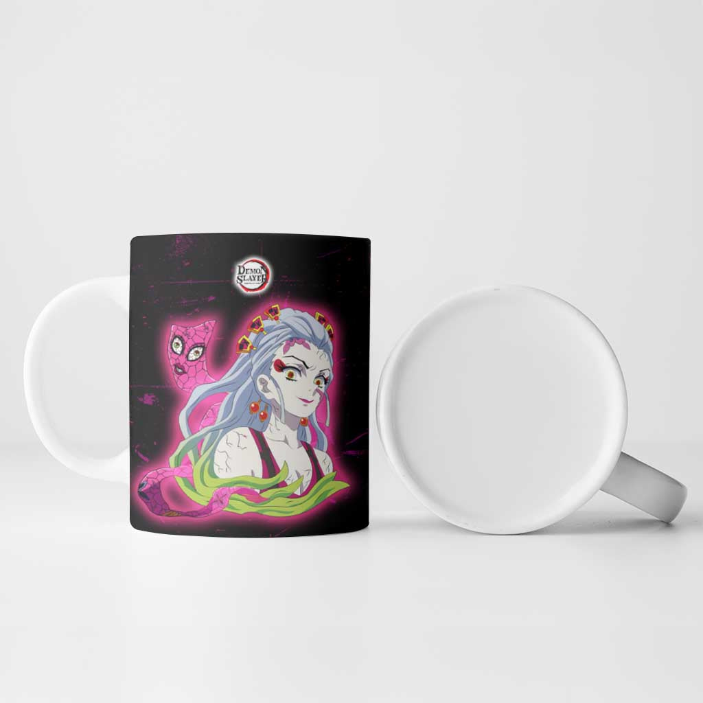Daki Demon Slayer Theme Ceramic Mug with Obi Sash Design and Neon Pink Green Graphic Elements - The Mazicc