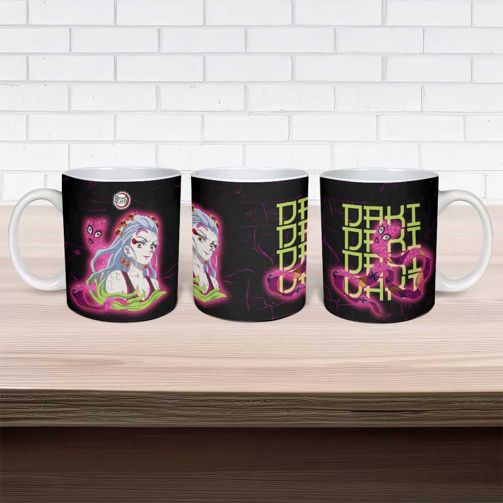 Daki Demon Slayer Theme Ceramic Mug with Obi Sash Design and Neon Pink Green Graphic Elements - The Mazicc
