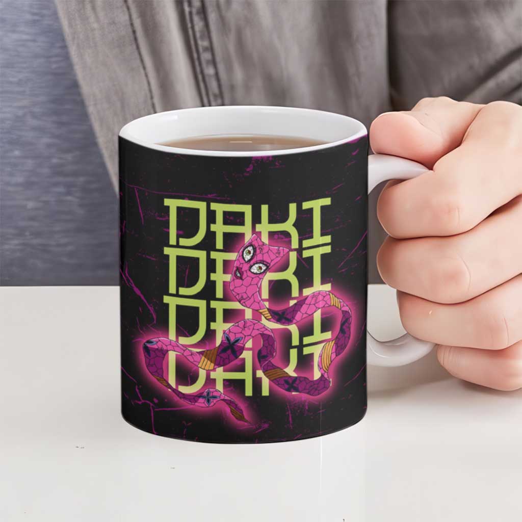 Daki Demon Slayer Theme Ceramic Mug with Obi Sash Design and Neon Pink Green Graphic Elements - The Mazicc