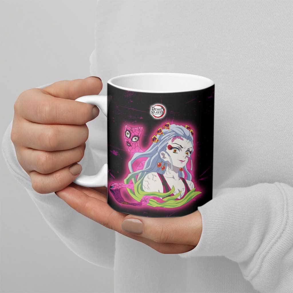Daki Demon Slayer Theme Ceramic Mug with Obi Sash Design and Neon Pink Green Graphic Elements - The Mazicc
