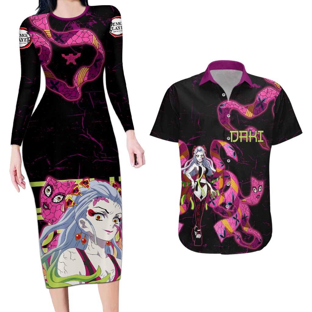 Daki Demon Slayer Theme Couples Matching Long Sleeve Bodycon Dress and Hawaiian Shirt with Obi Sash Design and Neon Pink Green Graphic Elements - The Mazicc