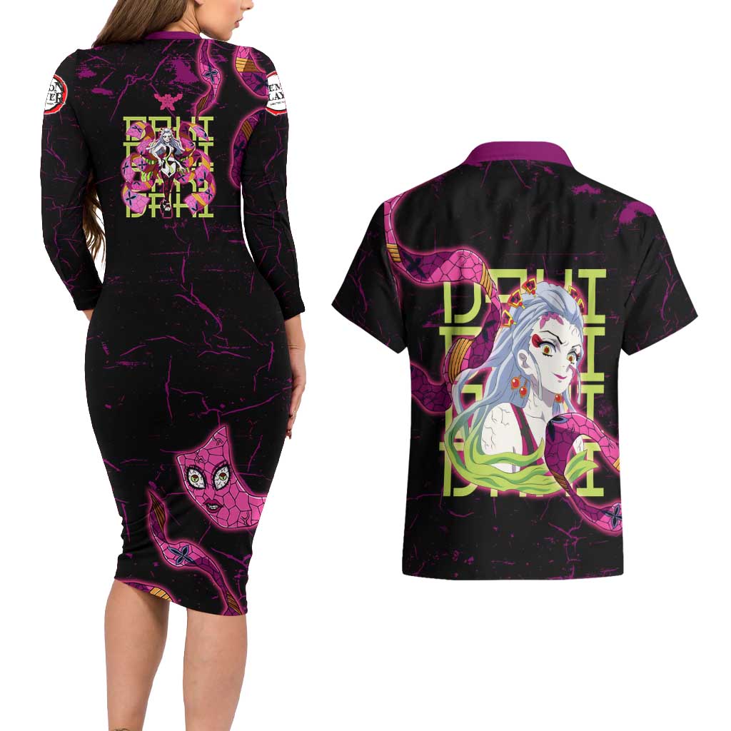 Daki Demon Slayer Theme Couples Matching Long Sleeve Bodycon Dress and Hawaiian Shirt with Obi Sash Design and Neon Pink Green Graphic Elements - The Mazicc