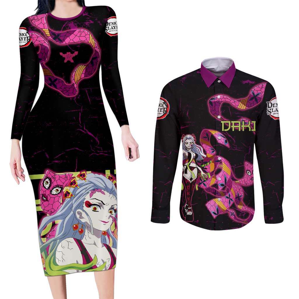 Daki Demon Slayer Theme Couples Matching Long Sleeve Bodycon Dress and Long Sleeve Button Shirt with Obi Sash Design and Neon Pink Green Graphic Elements - The Mazicc