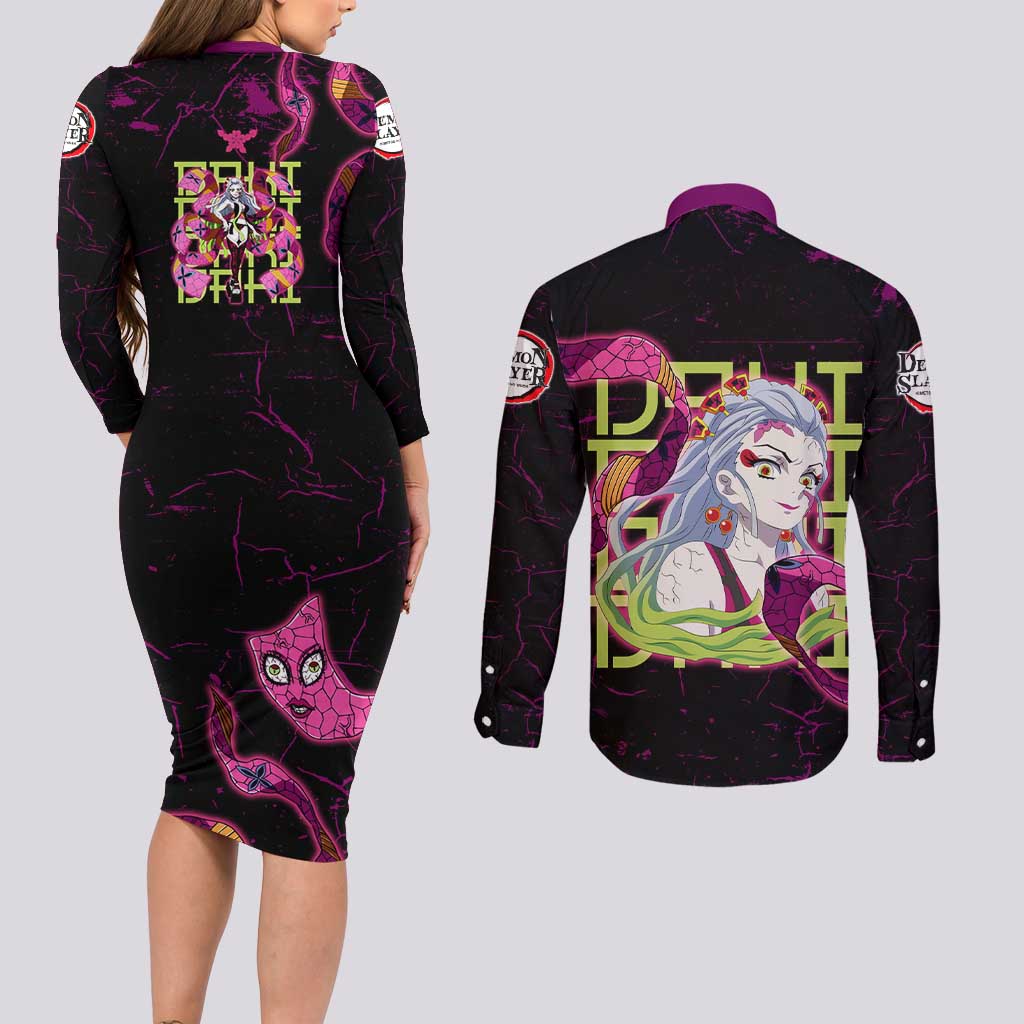 Daki Demon Slayer Theme Couples Matching Long Sleeve Bodycon Dress and Long Sleeve Button Shirt with Obi Sash Design and Neon Pink Green Graphic Elements - The Mazicc