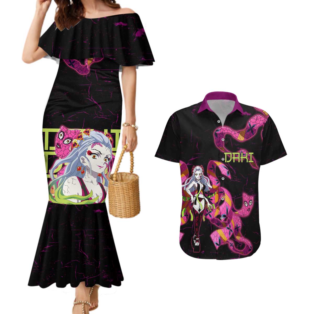 Daki Demon Slayer Theme Couples Matching Mermaid Dress and Hawaiian Shirt with Obi Sash Design and Neon Pink Green Graphic Elements - The Mazicc