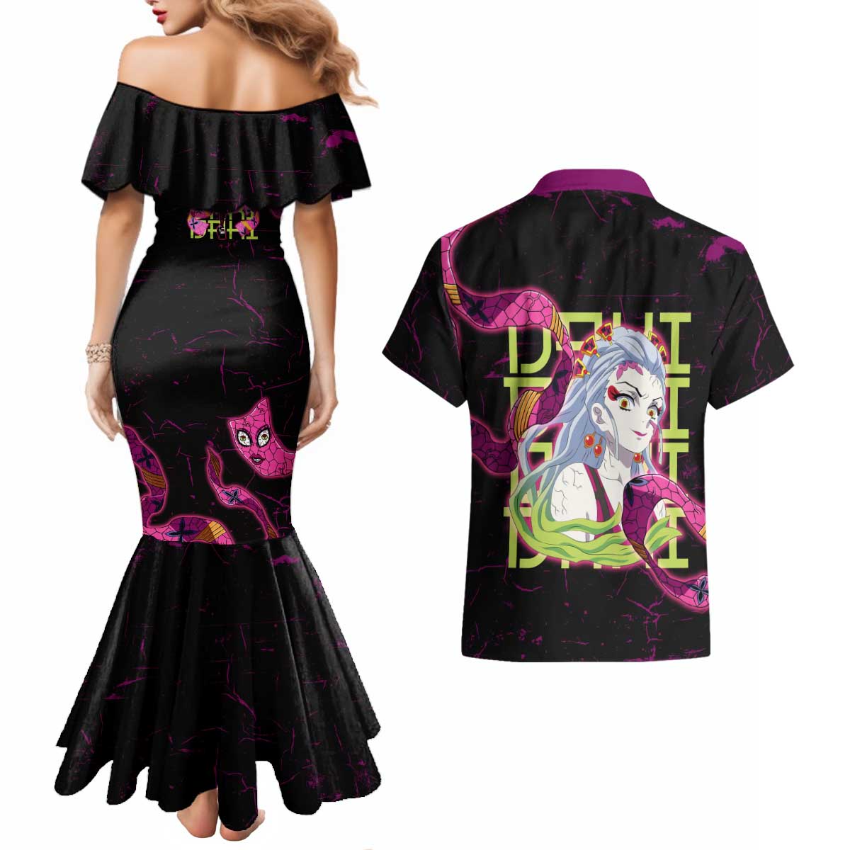Daki Demon Slayer Theme Couples Matching Mermaid Dress and Hawaiian Shirt with Obi Sash Design and Neon Pink Green Graphic Elements - The Mazicc
