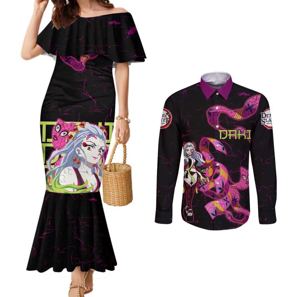 Daki Demon Slayer Theme Couples Matching Mermaid Dress and Long Sleeve Button Shirt with Obi Sash Design and Neon Pink Green Graphic Elements - The Mazicc