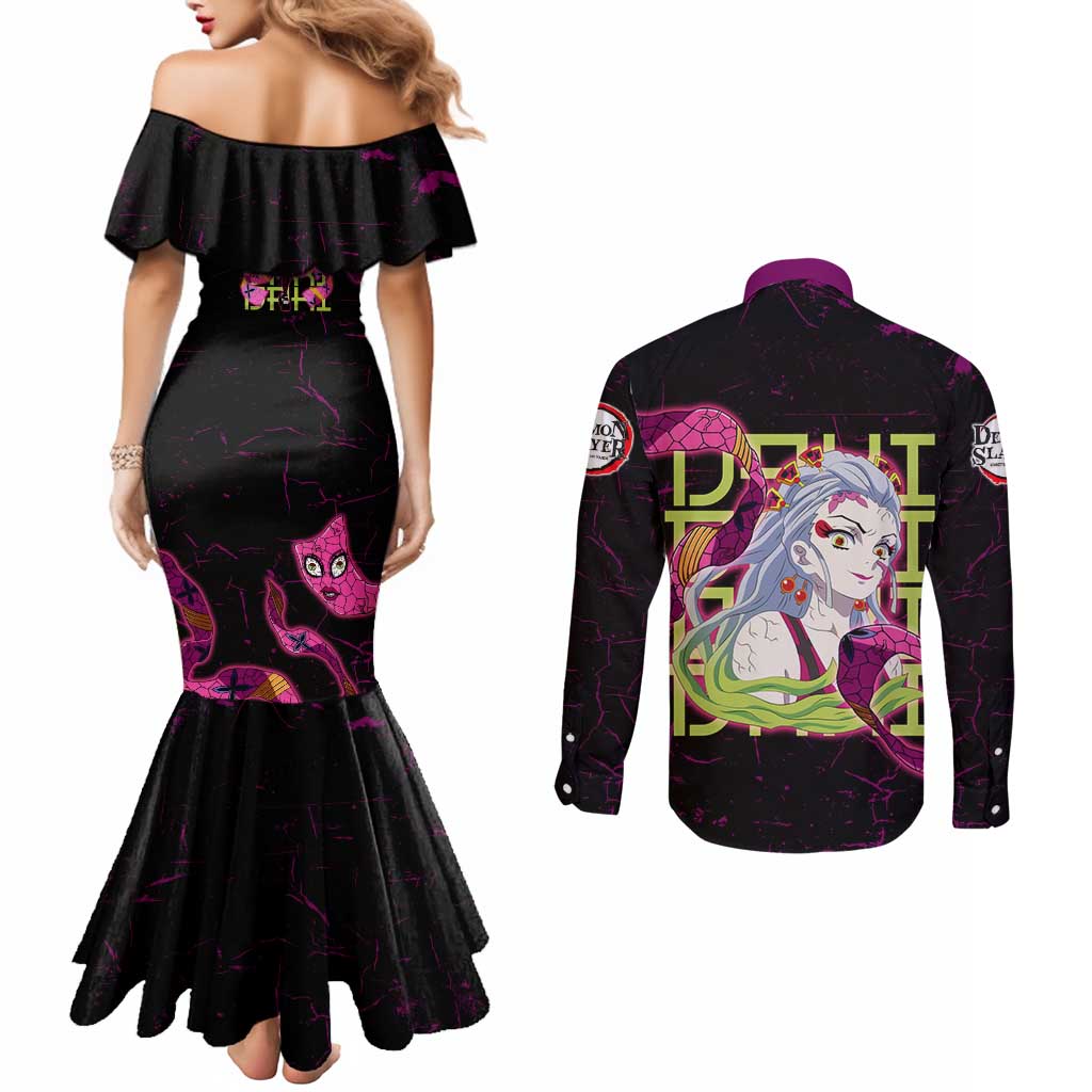 Daki Demon Slayer Theme Couples Matching Mermaid Dress and Long Sleeve Button Shirt with Obi Sash Design and Neon Pink Green Graphic Elements - The Mazicc