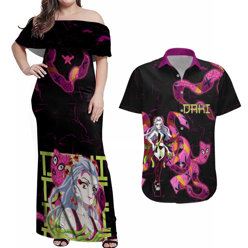 Daki Demon Slayer Theme Couples Matching Off Shoulder Maxi Dress and Hawaiian Shirt with Obi Sash Design and Neon Pink Green Graphic Elements - The Mazicc
