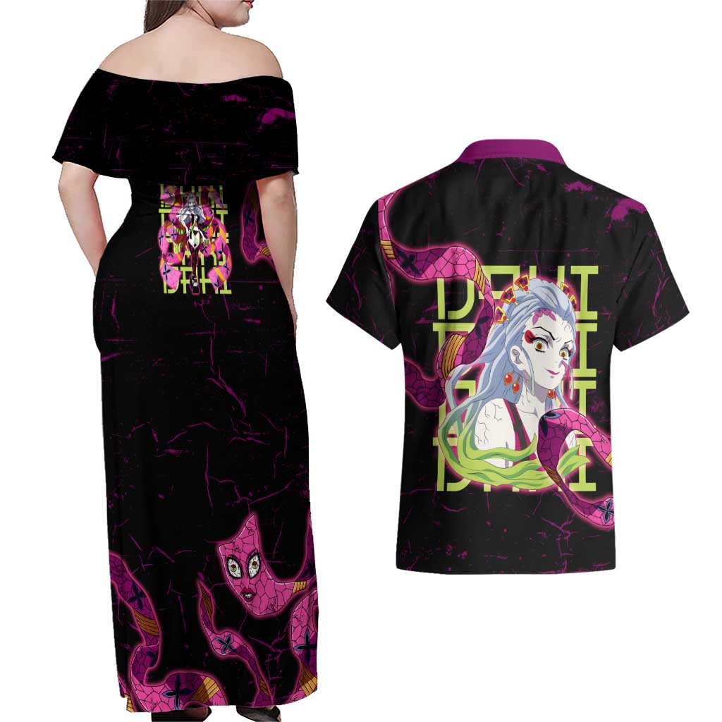 Daki Demon Slayer Theme Couples Matching Off Shoulder Maxi Dress and Hawaiian Shirt with Obi Sash Design and Neon Pink Green Graphic Elements - The Mazicc