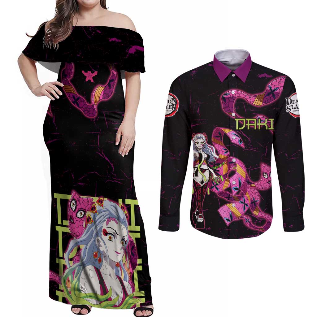 Daki Demon Slayer Theme Couples Matching Off Shoulder Maxi Dress and Long Sleeve Button Shirt with Obi Sash Design and Neon Pink Green Graphic Elements - The Mazicc