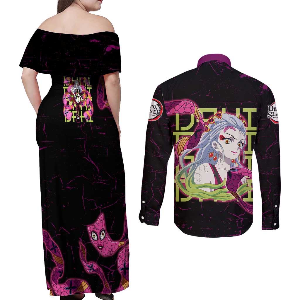 Daki Demon Slayer Theme Couples Matching Off Shoulder Maxi Dress and Long Sleeve Button Shirt with Obi Sash Design and Neon Pink Green Graphic Elements - The Mazicc