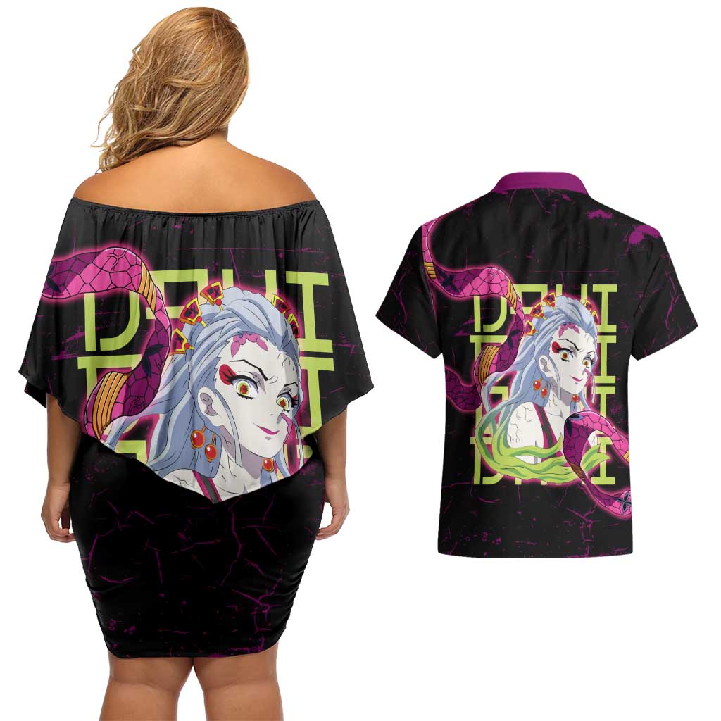 Daki Demon Slayer Theme Couples Matching Off Shoulder Short Dress and Hawaiian Shirt with Obi Sash Design and Neon Pink Green Graphic Elements - The Mazicc