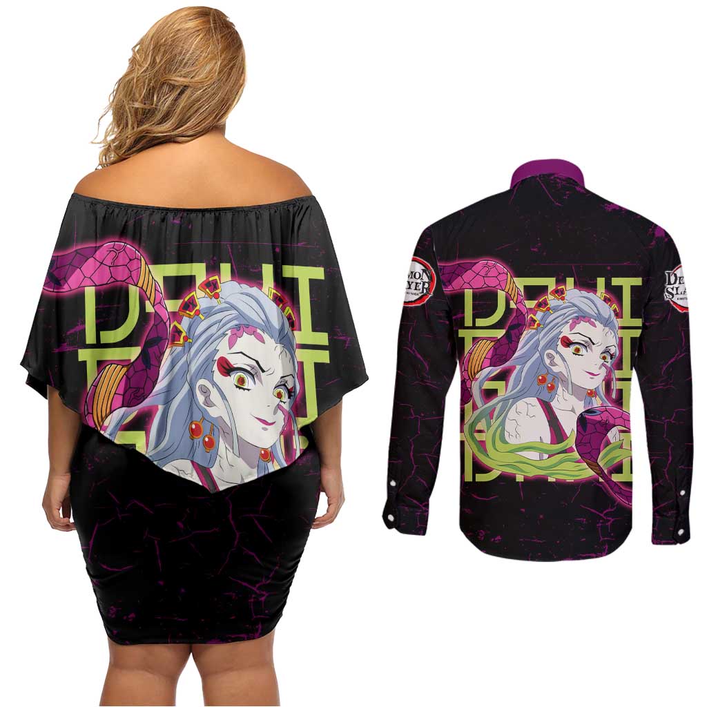Daki Demon Slayer Theme Couples Matching Off Shoulder Short Dress and Long Sleeve Button Shirt with Obi Sash Design and Neon Pink Green Graphic Elements - The Mazicc