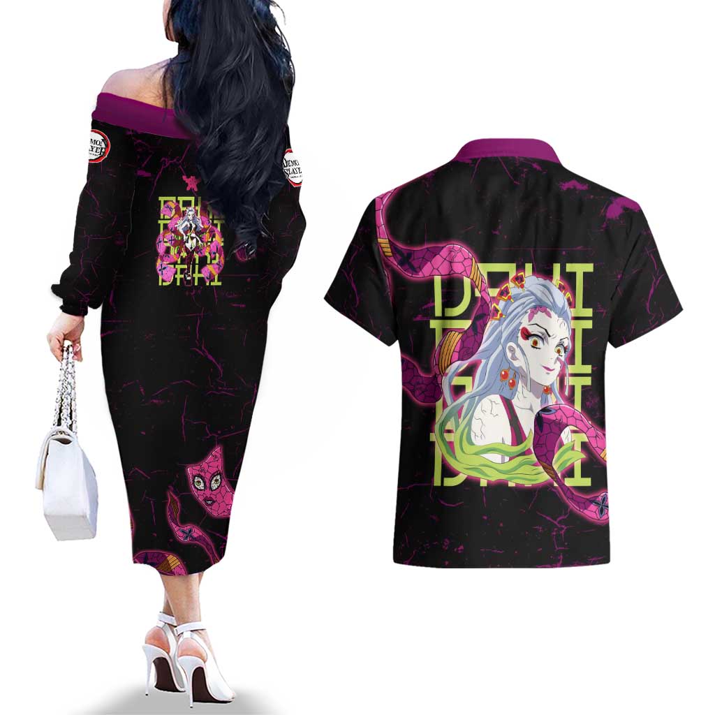 Daki Demon Slayer Theme Couples Matching Off The Shoulder Long Sleeve Dress and Hawaiian Shirt with Obi Sash Design and Neon Pink Green Graphic Elements - The Mazicc