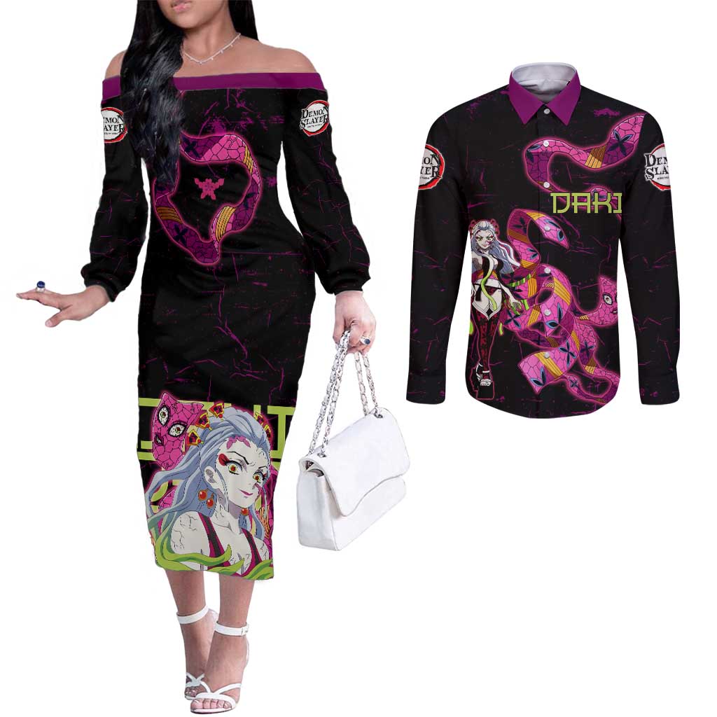 Daki Demon Slayer Theme Couples Matching Off The Shoulder Long Sleeve Dress and Long Sleeve Button Shirt with Obi Sash Design and Neon Pink Green Graphic Elements - The Mazicc