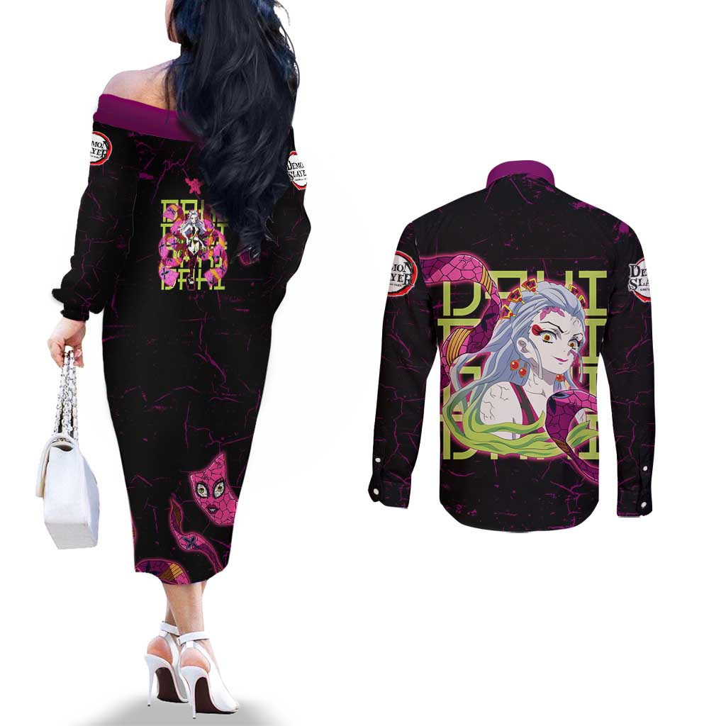 Daki Demon Slayer Theme Couples Matching Off The Shoulder Long Sleeve Dress and Long Sleeve Button Shirt with Obi Sash Design and Neon Pink Green Graphic Elements - The Mazicc