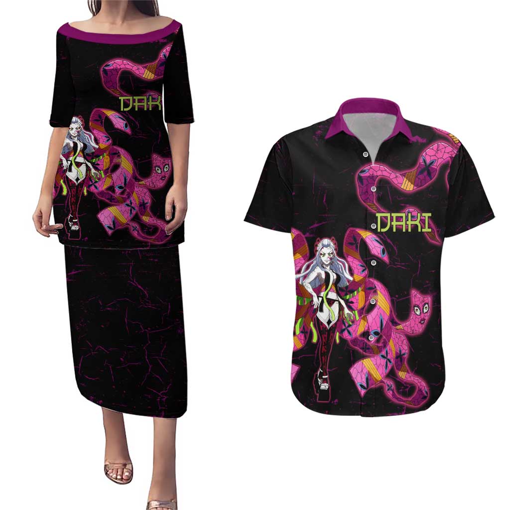 Daki Demon Slayer Theme Couples Matching Puletasi and Hawaiian Shirt with Obi Sash Design and Neon Pink Green Graphic Elements - The Mazicc
