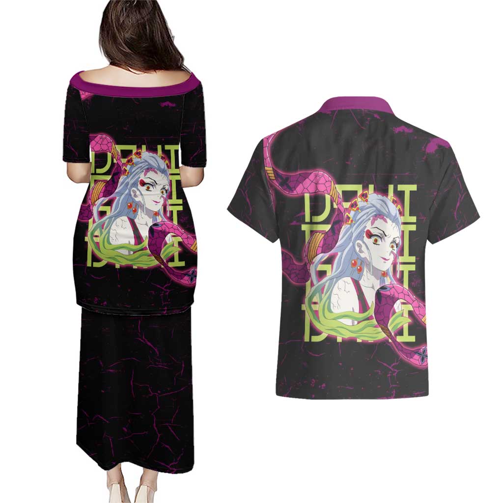 Daki Demon Slayer Theme Couples Matching Puletasi and Hawaiian Shirt with Obi Sash Design and Neon Pink Green Graphic Elements - The Mazicc