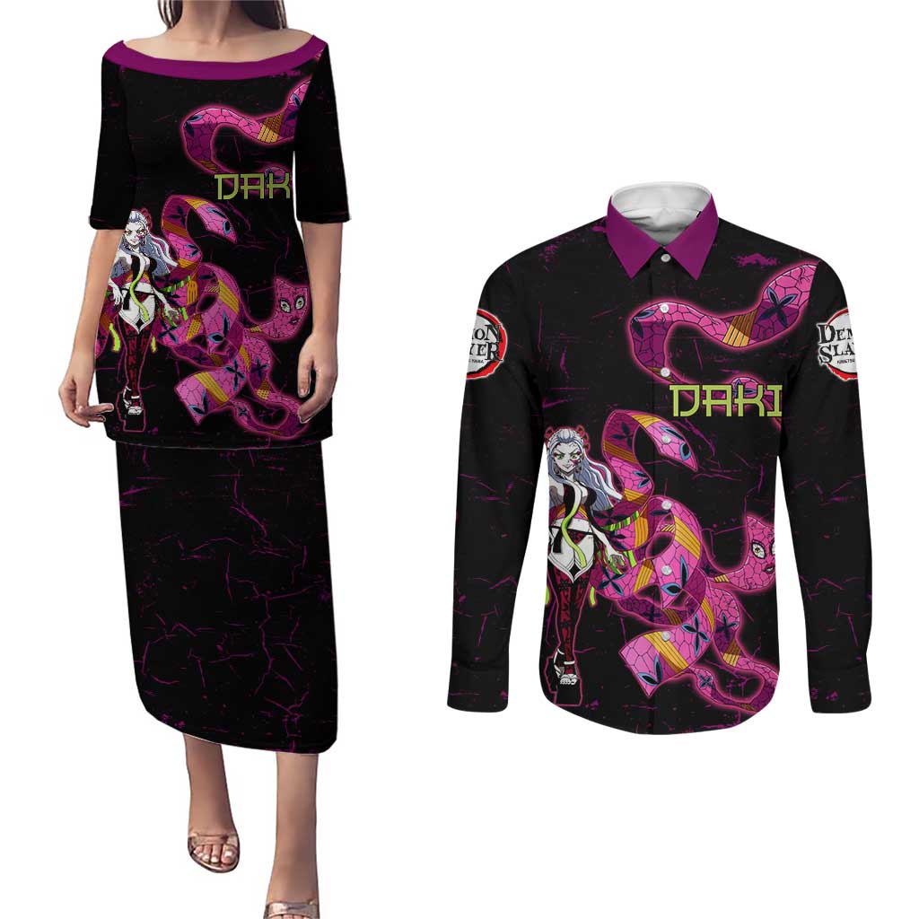 Daki Demon Slayer Theme Couples Matching Puletasi and Long Sleeve Button Shirt with Obi Sash Design and Neon Pink Green Graphic Elements - The Mazicc