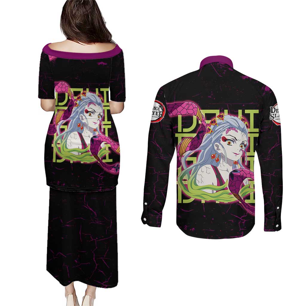 Daki Demon Slayer Theme Couples Matching Puletasi and Long Sleeve Button Shirt with Obi Sash Design and Neon Pink Green Graphic Elements - The Mazicc