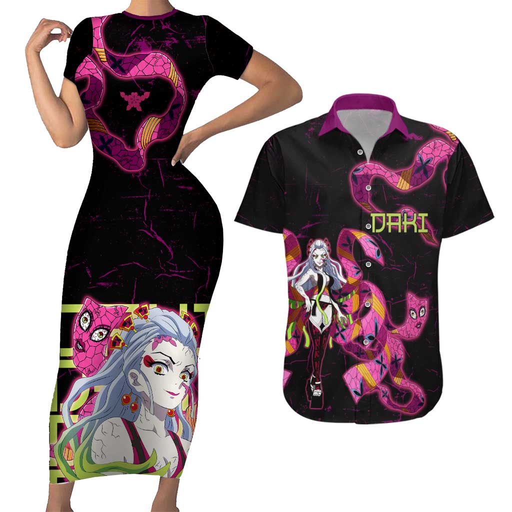 Daki Demon Slayer Theme Couples Matching Short Sleeve Bodycon Dress and Hawaiian Shirt with Obi Sash Design and Neon Pink Green Graphic Elements - The Mazicc