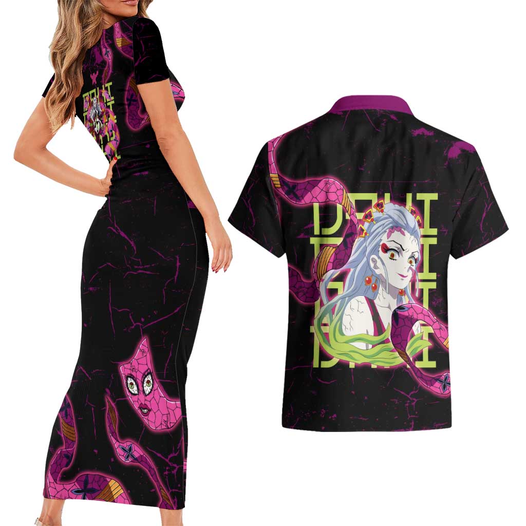 Daki Demon Slayer Theme Couples Matching Short Sleeve Bodycon Dress and Hawaiian Shirt with Obi Sash Design and Neon Pink Green Graphic Elements - The Mazicc