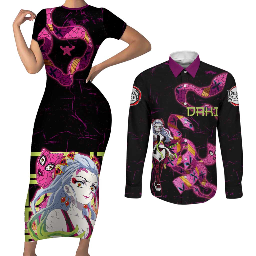 Daki Demon Slayer Theme Couples Matching Short Sleeve Bodycon Dress and Long Sleeve Button Shirt with Obi Sash Design and Neon Pink Green Graphic Elements - The Mazicc