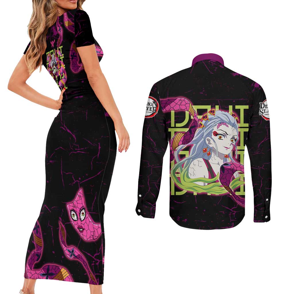 Daki Demon Slayer Theme Couples Matching Short Sleeve Bodycon Dress and Long Sleeve Button Shirt with Obi Sash Design and Neon Pink Green Graphic Elements - The Mazicc