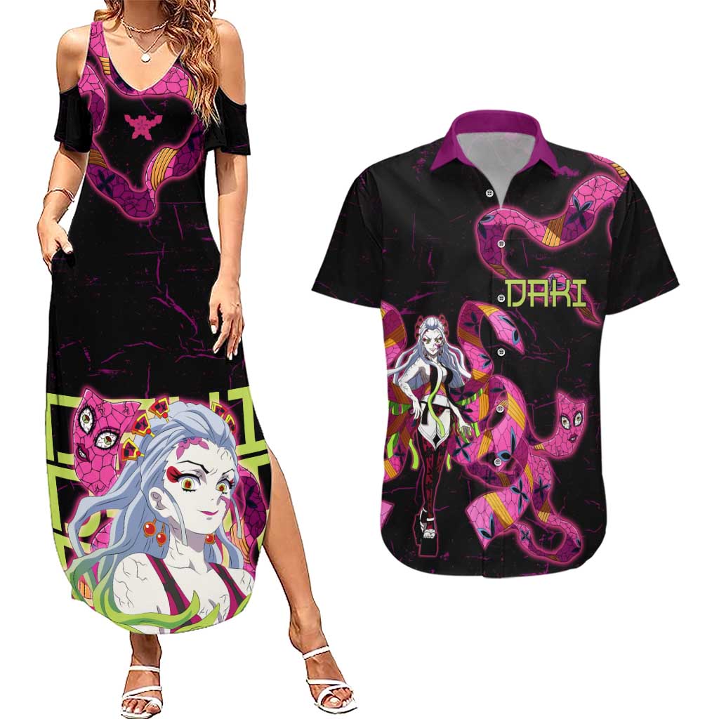 Daki Demon Slayer Theme Couples Matching Summer Maxi Dress and Hawaiian Shirt with Obi Sash Design and Neon Pink Green Graphic Elements - The Mazicc