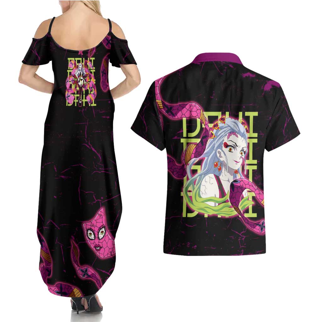 Daki Demon Slayer Theme Couples Matching Summer Maxi Dress and Hawaiian Shirt with Obi Sash Design and Neon Pink Green Graphic Elements - The Mazicc