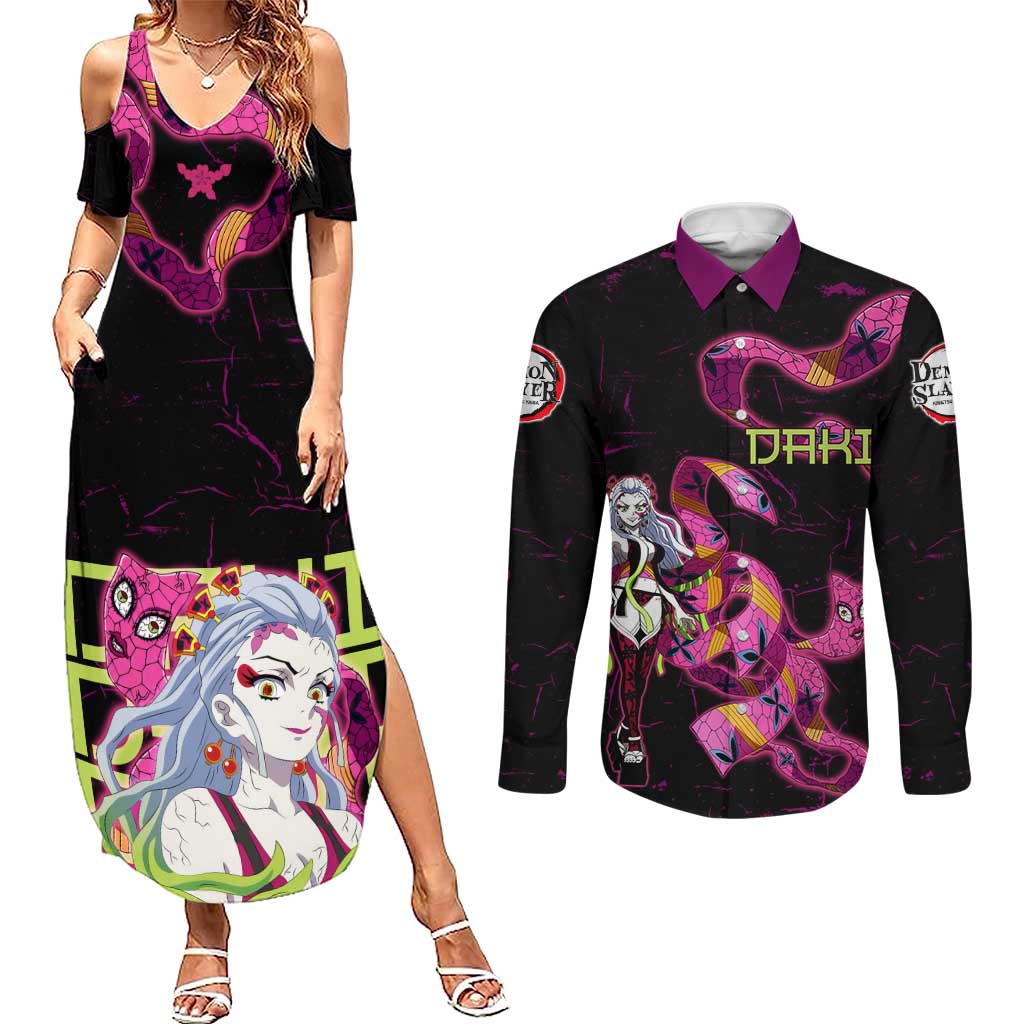 Daki Demon Slayer Theme Couples Matching Summer Maxi Dress and Long Sleeve Button Shirt with Obi Sash Design and Neon Pink Green Graphic Elements - The Mazicc