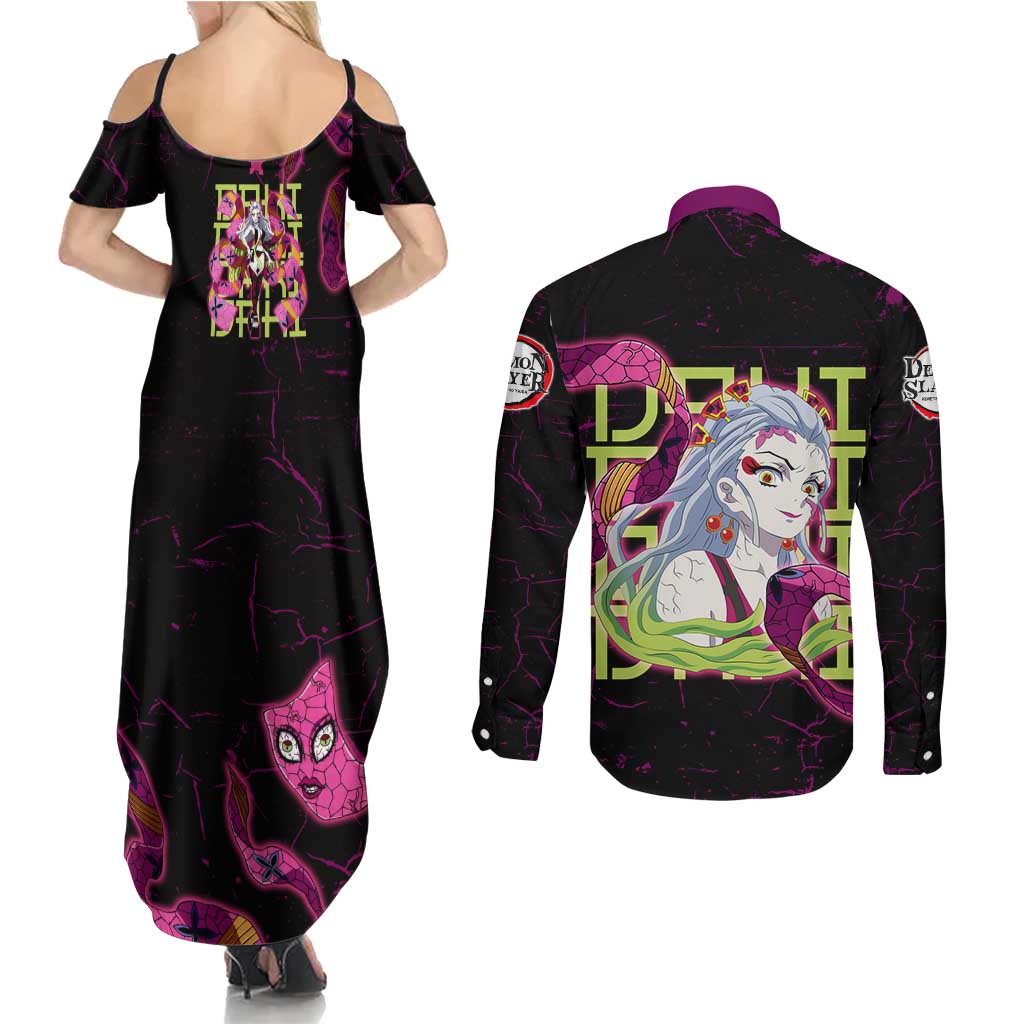 Daki Demon Slayer Theme Couples Matching Summer Maxi Dress and Long Sleeve Button Shirt with Obi Sash Design and Neon Pink Green Graphic Elements - The Mazicc