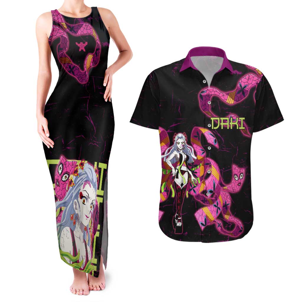 Daki Demon Slayer Theme Couples Matching Tank Maxi Dress and Hawaiian Shirt with Obi Sash Design and Neon Pink Green Graphic Elements - The Mazicc