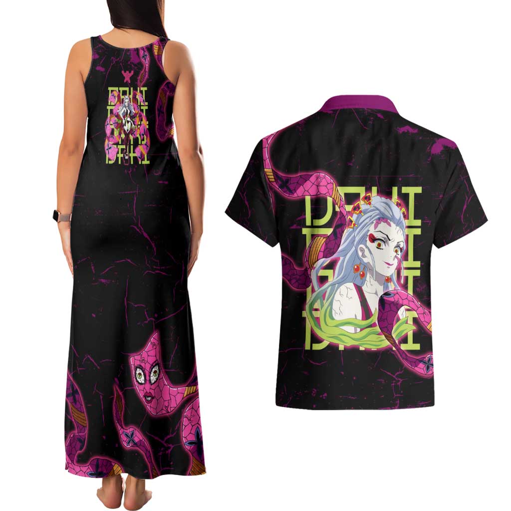 Daki Demon Slayer Theme Couples Matching Tank Maxi Dress and Hawaiian Shirt with Obi Sash Design and Neon Pink Green Graphic Elements - The Mazicc