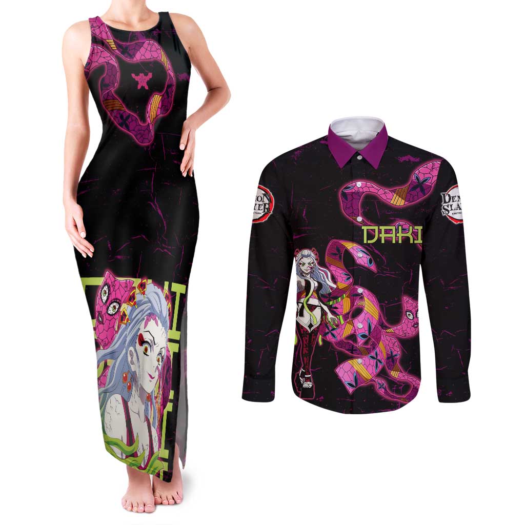 Daki Demon Slayer Theme Couples Matching Tank Maxi Dress and Long Sleeve Button Shirt with Obi Sash Design and Neon Pink Green Graphic Elements - The Mazicc