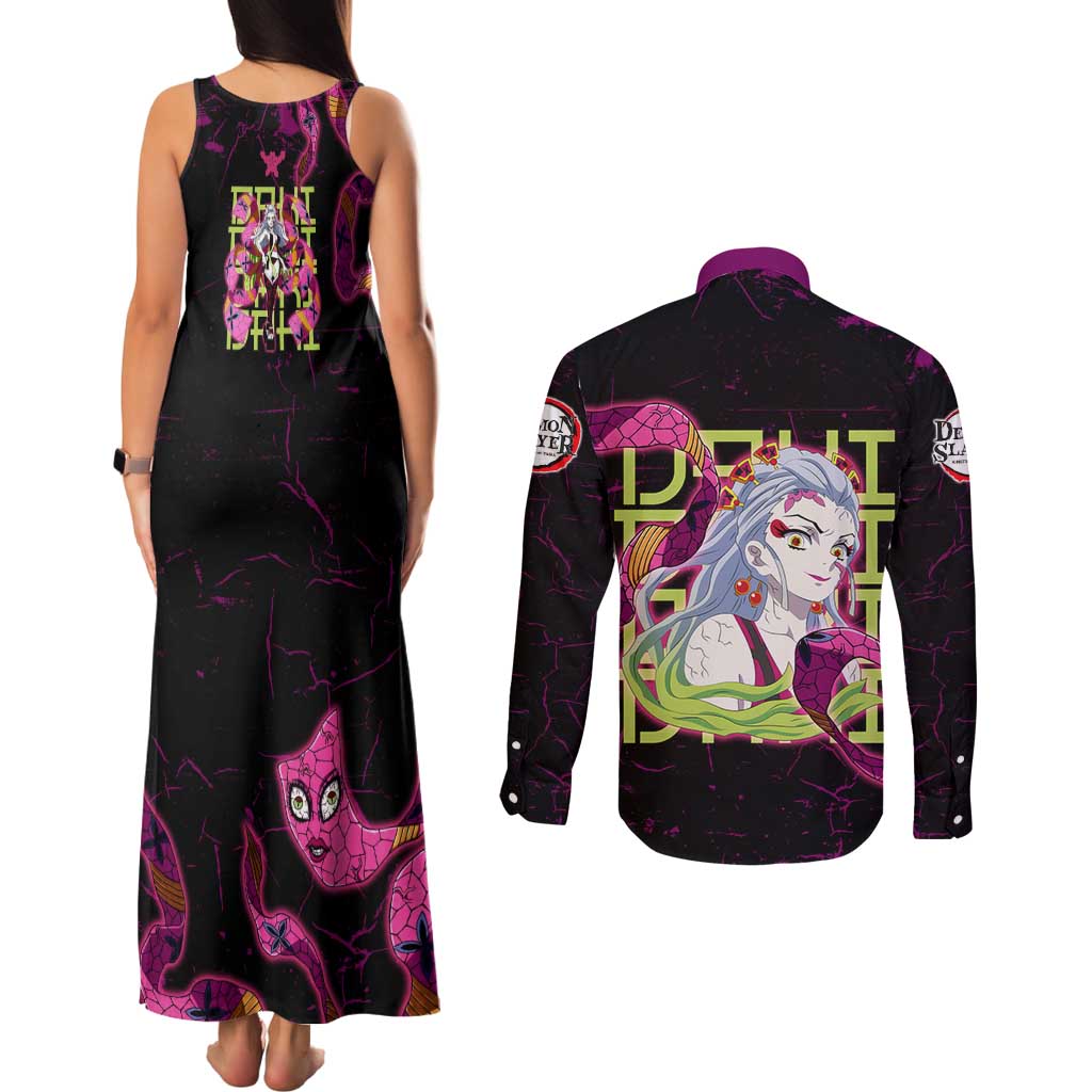 Daki Demon Slayer Theme Couples Matching Tank Maxi Dress and Long Sleeve Button Shirt with Obi Sash Design and Neon Pink Green Graphic Elements - The Mazicc