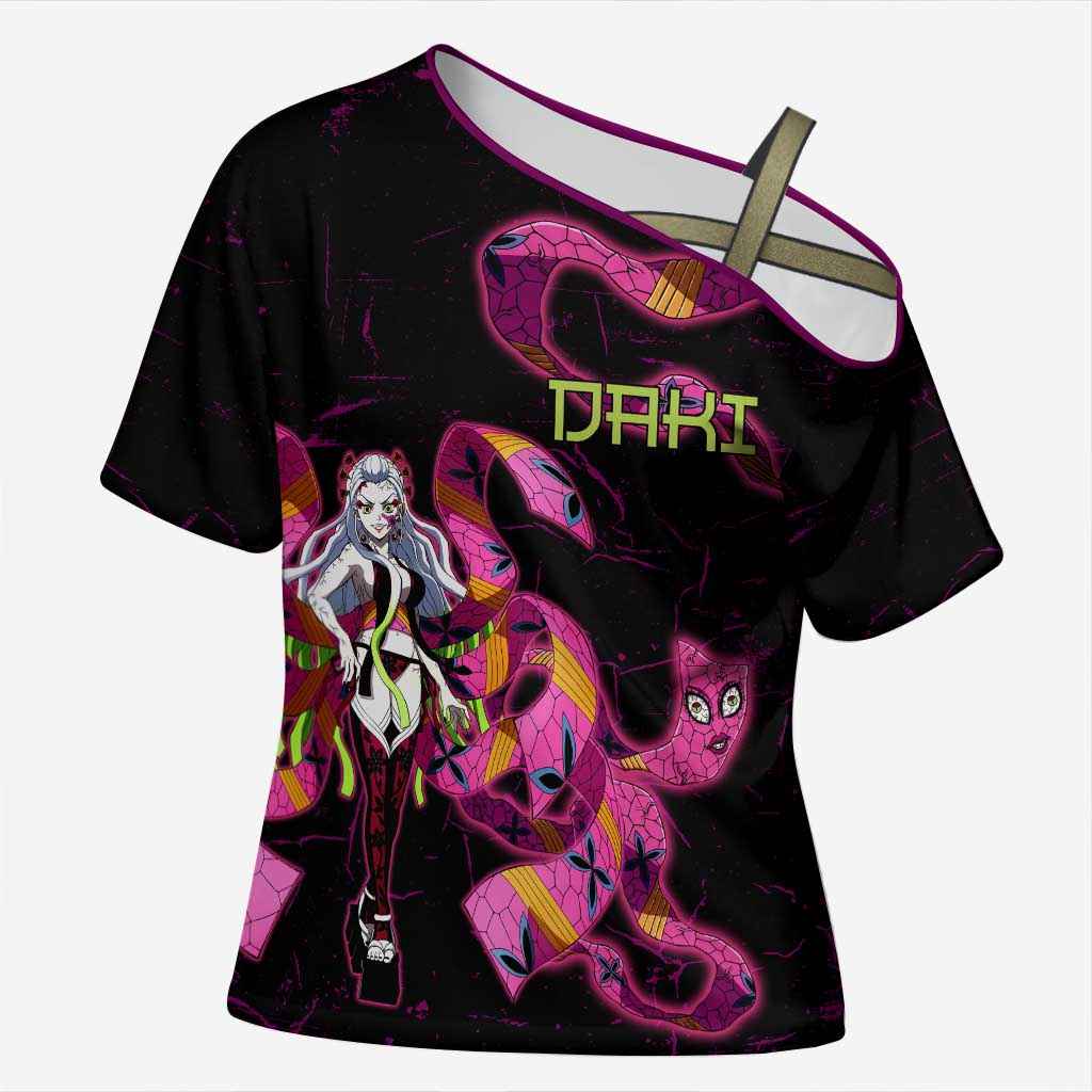 Daki Demon Slayer Theme Cross Shoulder Shirt with Obi Sash Design and Neon Pink Green Graphic Elements - The Mazicc