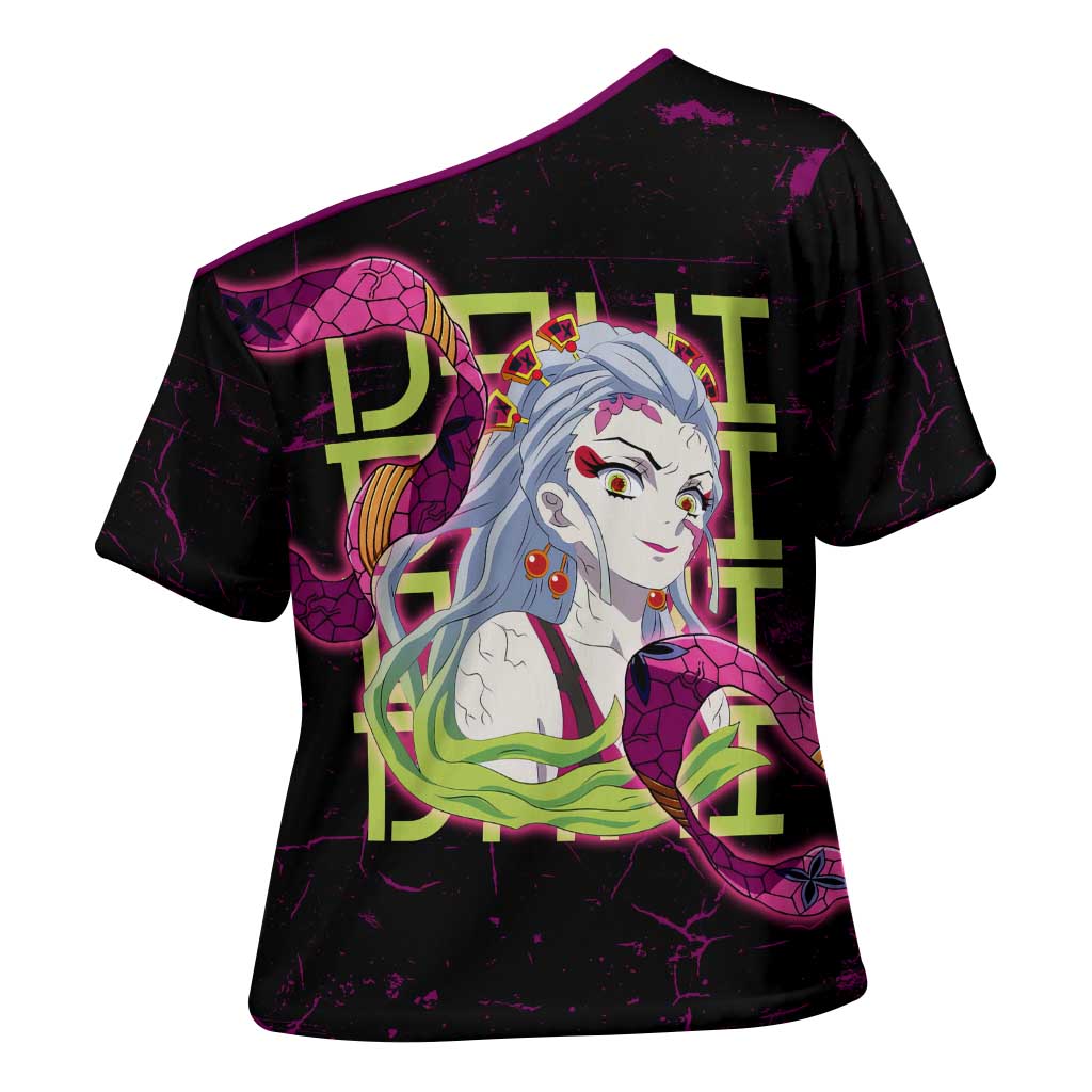 Daki Demon Slayer Theme Cross Shoulder Shirt with Obi Sash Design and Neon Pink Green Graphic Elements - The Mazicc