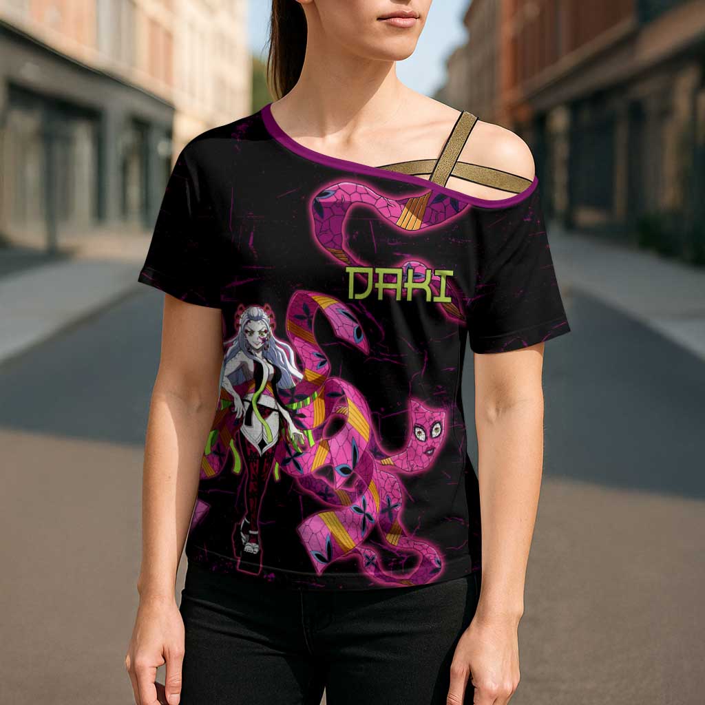 Daki Demon Slayer Theme Cross Shoulder Shirt with Obi Sash Design and Neon Pink Green Graphic Elements - The Mazicc