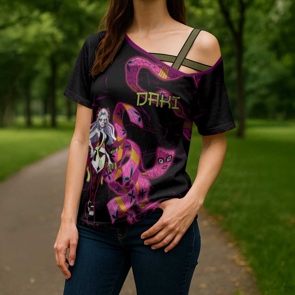 Daki Demon Slayer Theme Cross Shoulder Shirt with Obi Sash Design and Neon Pink Green Graphic Elements - The Mazicc