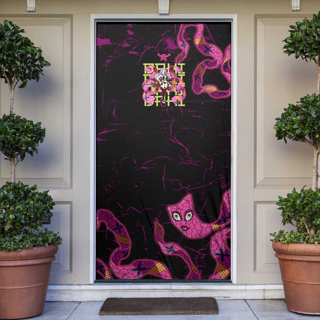 Daki Demon Slayer Theme Door Cover with Obi Sash Design and Neon Pink Green Graphic Elements - The Mazicc