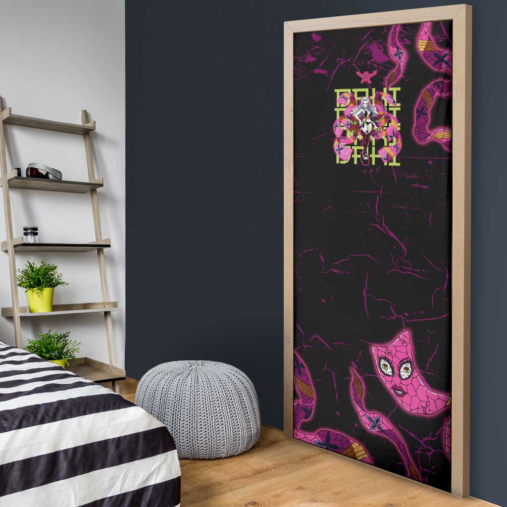 Daki Demon Slayer Theme Door Cover with Obi Sash Design and Neon Pink Green Graphic Elements - The Mazicc