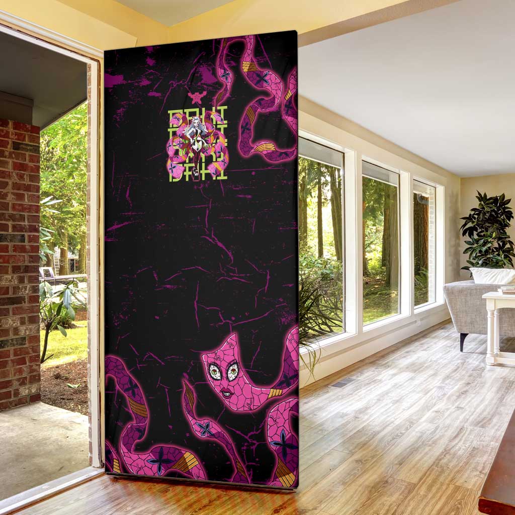 Daki Demon Slayer Theme Door Cover with Obi Sash Design and Neon Pink Green Graphic Elements - The Mazicc