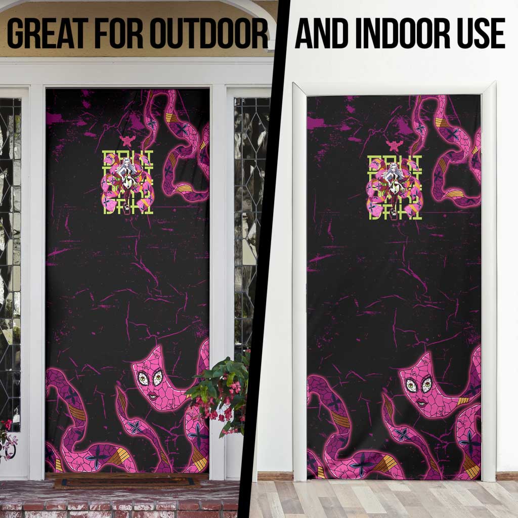 Daki Demon Slayer Theme Door Cover with Obi Sash Design and Neon Pink Green Graphic Elements - The Mazicc